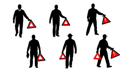 Black Solid Bus Driver Warning Triangle Silhouettes Set of Six on White Background isolated on plain...