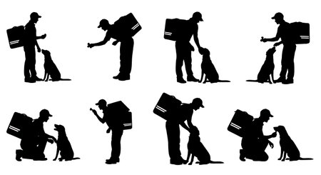 Black Solid Courier Dog Treat Interact Silhouettes Set of Six on White Background isolated on plain white background.のイラスト素材