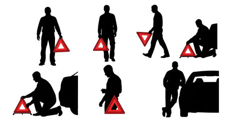 Black Solid Bus Driver Warning Triangle Silhouettes Set of Six on White Background isolated on plain white background.のイラスト素材