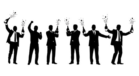 Black Solid Champagne Bottle Celebration Manager Silhouettes Set of Six on White Background isolated on plain white background.のイラスト素材