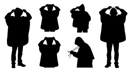 Black Solid Bus Driver Sit Steps Wait Silhouettes Set of Six on White Background isolated on plain white background.のイラスト素材