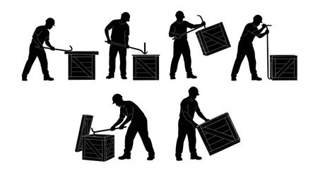 Black Solid Crate Opening Crowbar Tools Silhouettes Set of Six on White Background isolated on plain white background.のイラスト素材