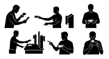 Black Solid Bus Driver Ticket Check Scan Silhouettes Set of Six on White Background isolated on plain white background.のイラスト素材