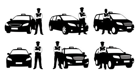 Black Solid Confident Taxi Driver Silhouettes Set of Six on White Background isolated on plain white background.のイラスト素材