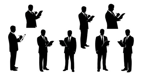 Black Solid Clipboard Pen Ready Write Manager Silhouettes Set of Six on White Background isolated on plain white background.のイラスト素材