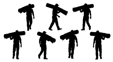 Black Solid Driver Carry Rug Shoulder Silhouettes Set of Six on White Background isolated on plain white background.のイラスト素材