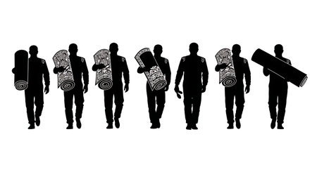 Black Solid Driver Carry Rug Shoulder Silhouettes Set of Six on White Background isolated on plain white background.のイラスト素材