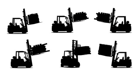 Black Solid Forklift Loose Lumber Carry Silhouettes Set of Six on White Background isolated on plain white background.のイラスト素材