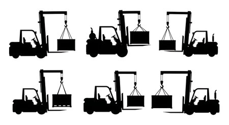 Black Solid Forklift Jib Hook Suspend Silhouettes Set of Six on White Background isolated on plain white background.のイラスト素材