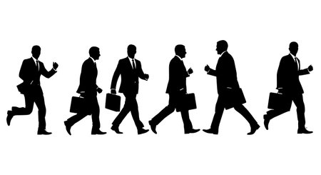 Black Solid Fast Walk Purpose Energy Silhouettes Set of Six on White Background isolated on plain white background.のイラスト素材