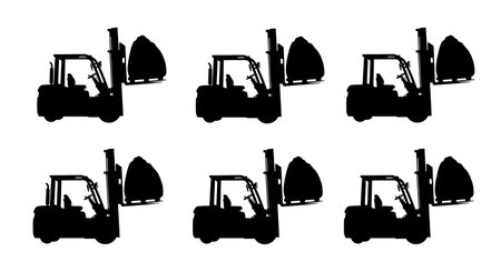Black Solid Forklift Fertilizer Soil Bag Silhouettes Set of Six on White Background isolated on...