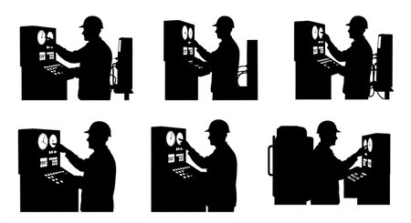 Black Solid Machine Control Panel Operator Silhouettes Set of Six on White Background isolated on...