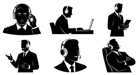 Black Solid Headphones Video Call Learning Silhouettes Set of Six on White Background isolated on plain white background.のイラスト素材