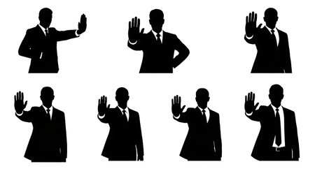 Black Solid Stop Signal Palm Safety Control Silhouettes Set of Six on White Background isolated on plain white background.のイラスト素材
