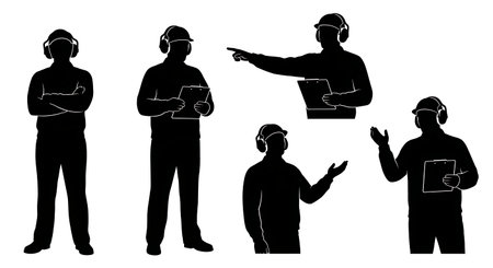 Black Solid Supervisor Ear Defenders Noise Silhouettes Set of Six on White Background isolated on plain white background.のイラスト素材