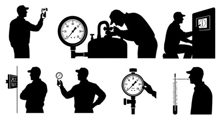 Black Solid Supervisor Thermometer Gauge Check Silhouettes Set of Six on White Background isolated...