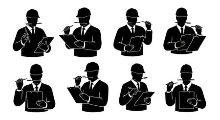 Black Solid Supervisor Pen Mouth Busy Silhouettes Set of Six on White Background isolated on plain white background.のイラスト素材