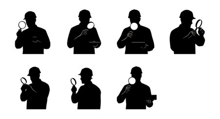 Black Solid Supervisor Magnifying Glass Detail Silhouettes Set of Six on White Background isolated on plain white background.のイラスト素材