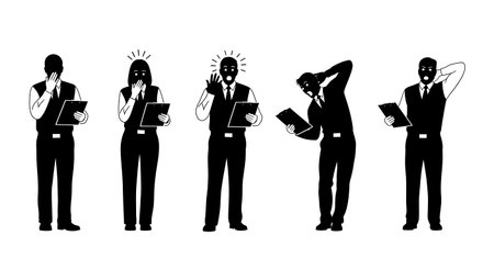 Black Solid Supervisor Shocked Reaction Clipboard Silhouettes Set of Six on White Background isolated on plain white background.のイラスト素材