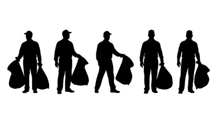 Black Solid Supervisor Trash Bag Clean Silhouettes Set of Six on White Background isolated on plain white background.のイラスト素材