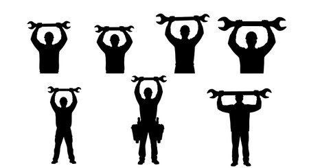 Black Solid Supervisor Wrench Overhead Signal Silhouettes Set of Six on White Background isolated on plain white background.のイラスト素材