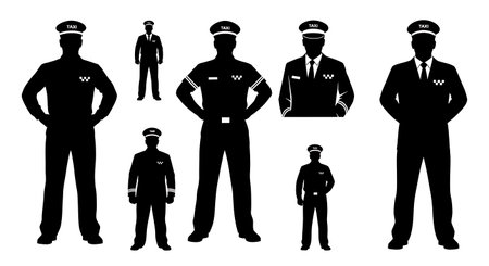 Black Solid Taxi Driver Akimbo Silhouettes Set of Six on White Background isolated on plain white...