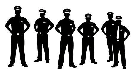 Black Solid Taxi Driver Akimbo Silhouettes Set of Six on White Background isolated on plain white background.のイラスト素材