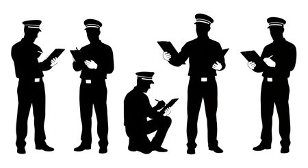 Black Solid Taxi Driver Clipboard Silhouettes Set of Six on White Background isolated on plain white background.のイラスト素材