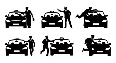 Black Solid Taxi Driver Running Silhouettes Set of Six on White Background isolated on plain white background.のイラスト素材
