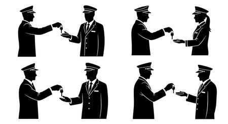 Black Solid Taxi Driver Valet Keys Silhouettes Set of Six on White Background isolated on plain white background.のイラスト素材