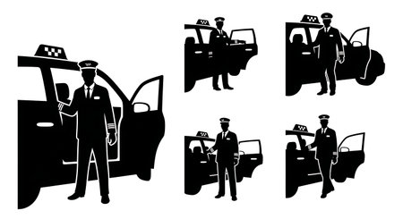 Black Solid Taxi Driver Stepping Out Silhouettes Set of Six on White Background isolated on plain white background.のイラスト素材