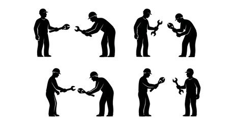 Black Solid Tool Handover Assist Worker Silhouettes Set of Six on White Background isolated on plain white background.のイラスト素材