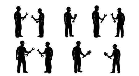 Black Solid Tool Handover Assist Worker Silhouettes Set of Six on White Background isolated on plain white background.のイラスト素材