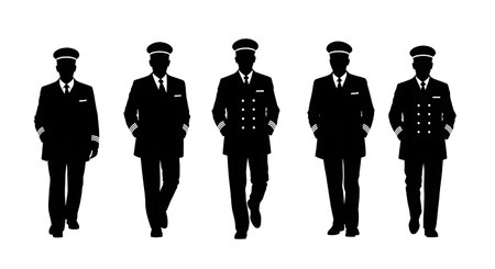Black Solid Train Driver Casual Walk Silhouettes Set of Six on White Background isolated on plain...