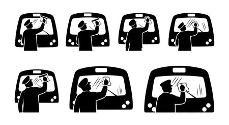 Black Solid Train Driver Cleaning Window Silhouettes Set of Six on White Background isolated on plain white background.のイラスト素材