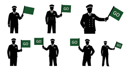 Black Solid Train Driver Station Clock Silhouettes Set of Six on White Background isolated on plain white background.のイラスト素材