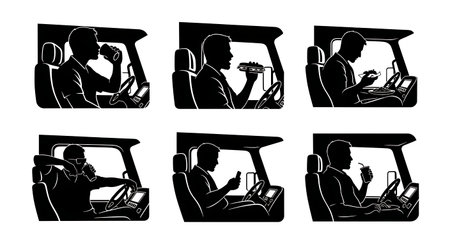 Black Solid Truck Driver Eating Break Cab Silhouettes Set of Six on White Background isolated on plain white background.のイラスト素材
