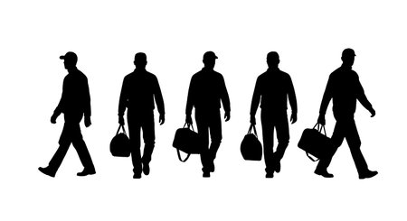 Black Solid Walking Travel Bag Shift Silhouettes Set of Six on White Background isolated on plain white background.のイラスト素材