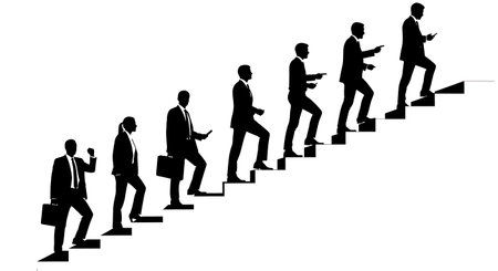 Black Solid Walking Stairs Progress Career Silhouettes Set of Six on White Background isolated on plain white background.のイラスト素材