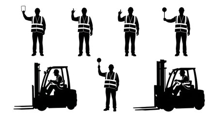Black Solid Warehouse Manager Directing Traffic Silhouettes Set of Six on White Background isolated on plain white background.のイラスト素材