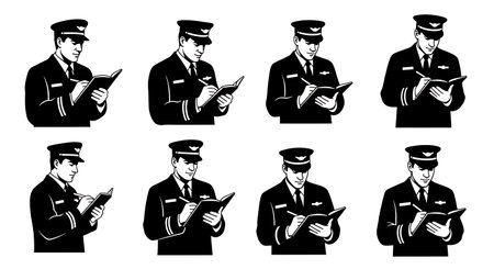 Black Solid Train Driver Writing Log Silhouettes Set of Six on White Background isolated on plain white background.のイラスト素材