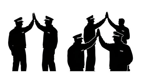 Black Solid Taxi Driver High Five Silhouettes Set of Six on White Background isolated on plain white...