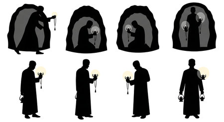 six unique black solid filled silhouettes of a man holding a tasbeeh and a lamp in a dark cave, no facial details, plain white backgroundのイラスト素材