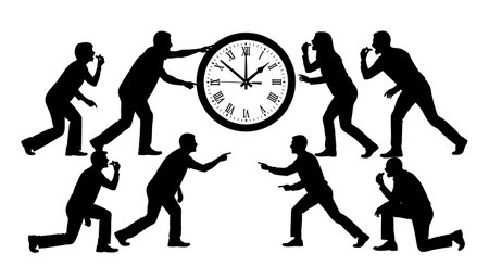 Six black solid filled silhouettes of people checking a physical wall clock while eating a date,...