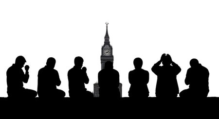 six distinct black solid filled silhouettes of people looking at a clock tower in the distance while...