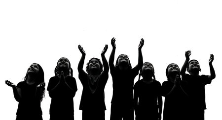 six unique black solid filled silhouettes of children with faces lifted to the rain in prayer, no...