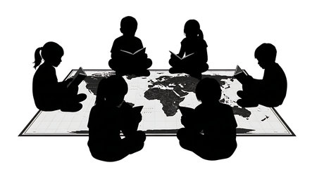 six unique black solid filled silhouettes of children sitting around a world map reading books, no...