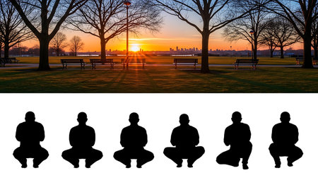 six distinct black solid filled silhouettes of a man in ruku in a city park at sunset, no internal...