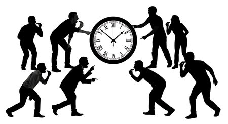 Six black solid filled silhouettes of people checking a physical wall clock while eating a date,...
