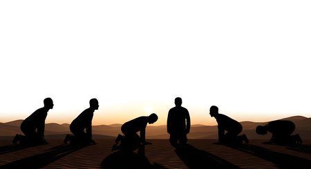 six distinct black solid filled silhouettes of a man in sujood in a desert landscape at dusk, no...